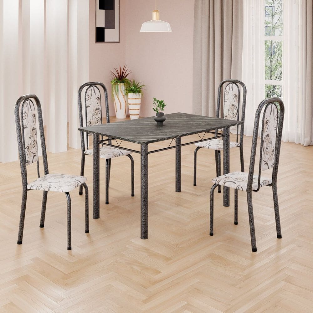 Conjunto de Mesa Retangular a 120x75cm Tampo Ardósia Indiano 4 Cadeiras Lavínea Arabesco/ Mart Prata