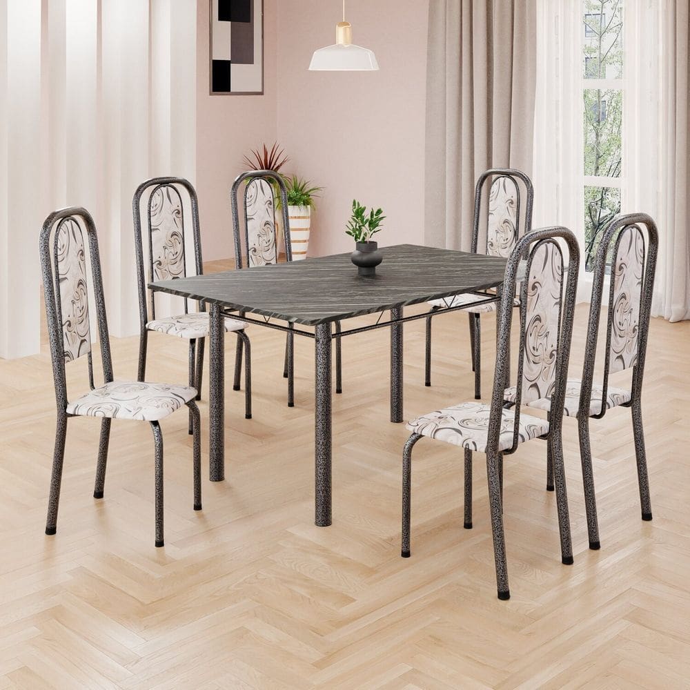 Conjunto de Mesa Retangular 140x75cm Tampo Ardósia Indiano 6 Cadeiras Lavínea Arabesco/ Mart Prata