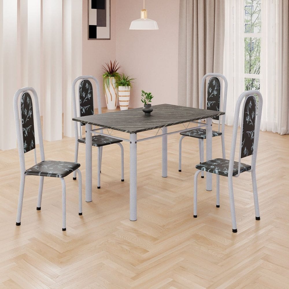 Conjunto de Mesa Retangular 120x75cm Tampo Ardósia Indiano 4 Cadeiras Lavínea Preto Floral/ Mart Pérola
