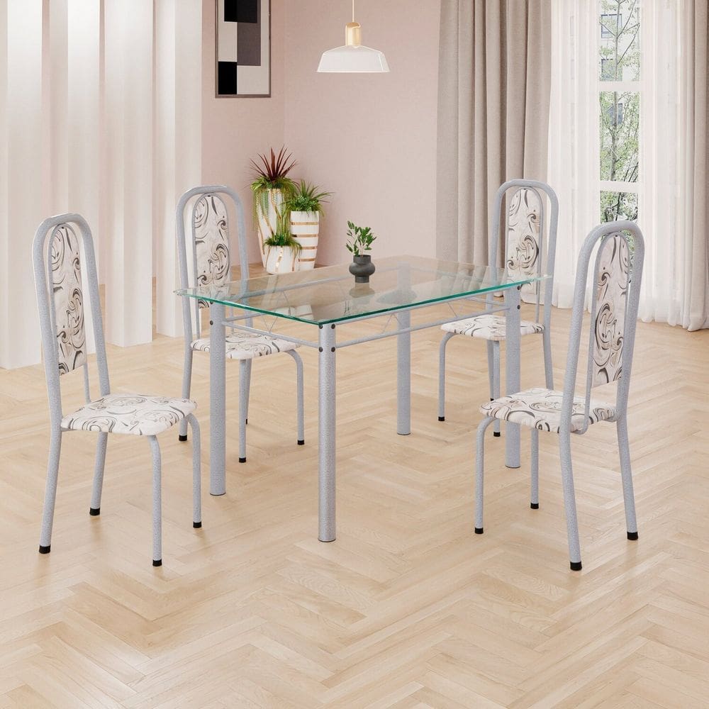 Conjunto de Mesa Retangular a 120x75cm Tampo de Vidro 4 Cadeiras Lavínea Arabesco/ Mart Pérola
