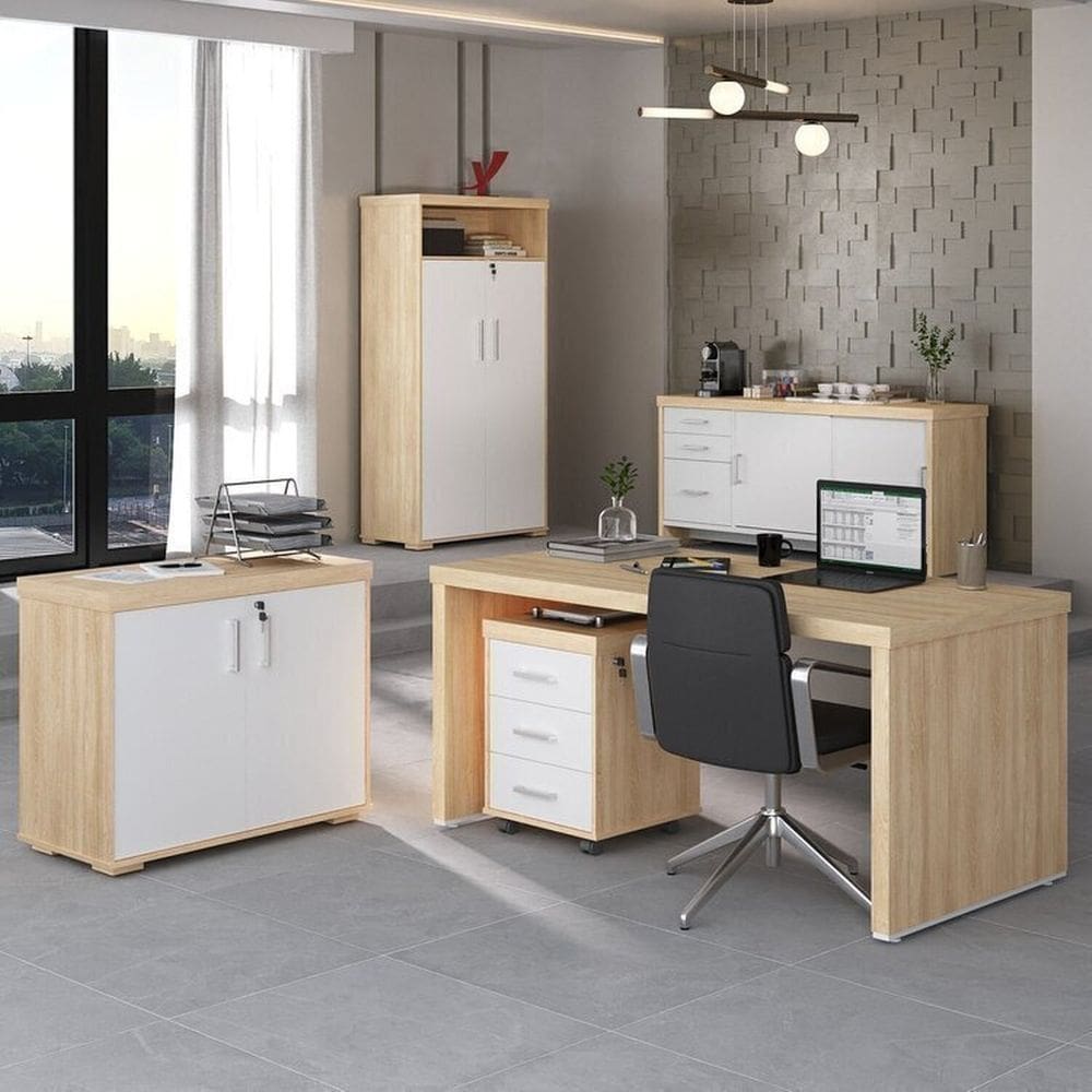 Conjunto Tamburato Mesa 1600 Gaveteiro Balcão 2 portas Armário com Nicho e Balcão com Gavetas Carvalho/Branco