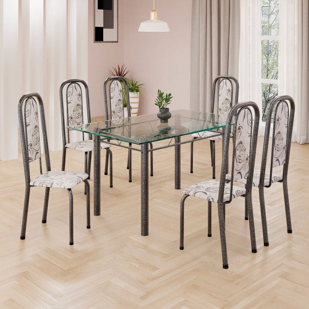 Conjunto de Mesa Retangular 140x75cm Tampo de Vidro 6 Cadeiras Lavínea Arabesco/ Mart Prata