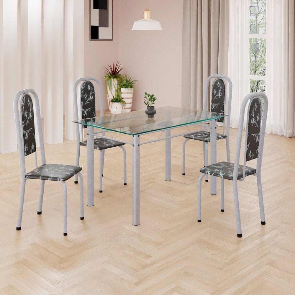 Conjunto de Mesa Retangular a 120x75cm Tampo de Vidro 4 Cadeiras Lavínea Preto Floral/ Mart Pérola