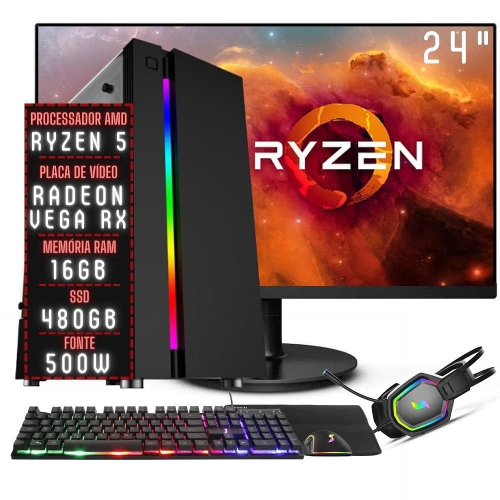 PC Gamer Completo 3green Force AMD Ryzen 5 16GB DDR4 Placa de vídeo Radeon RX SSD 480GB Monitor 24” 75Hz Fonte 500W 3GFO-044