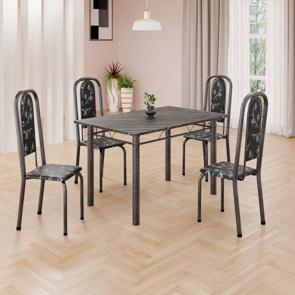 Conjunto de Mesa Retangular a 120x75cm Tampo Ardósia Indiano 4 Cadeiras Lavínea Preto Floral/ Mart Prata