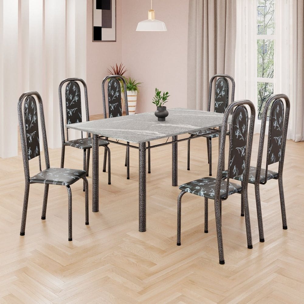 Conjunto de Mesa Retangular a 140x75cm Tampo Granito Topázio 6 Cadeiras Lavínea Preto Floral/ Mart Prata