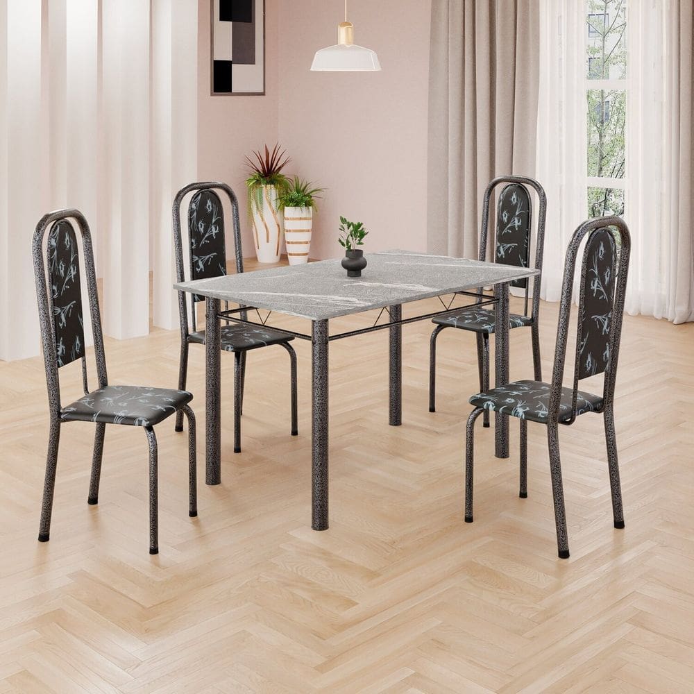 Conjunto de Mesa Retangular a 120x75cm Tampo Granito Topázio 4 Cadeiras Lavínea Preto Floral/ Mart Prata