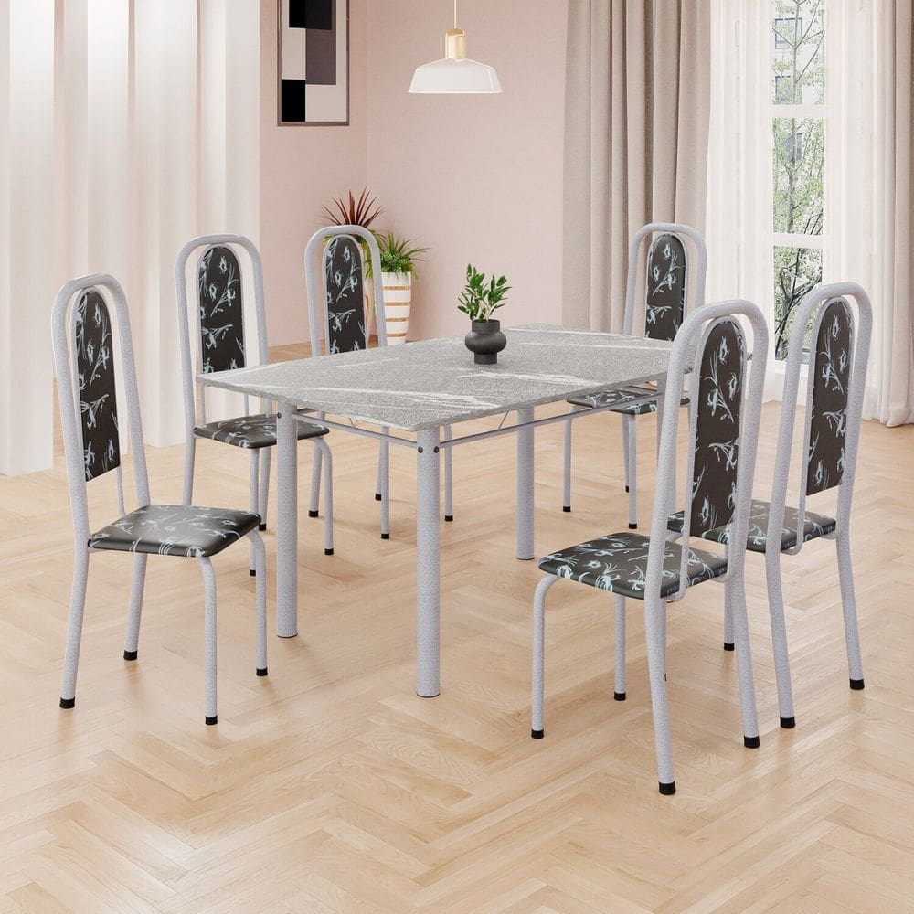 Conjunto de Mesa Retangular 140x75cm Tampo Granito Topázio 6 Cadeiras Lavínea Preto Floral/ Mart Pérola