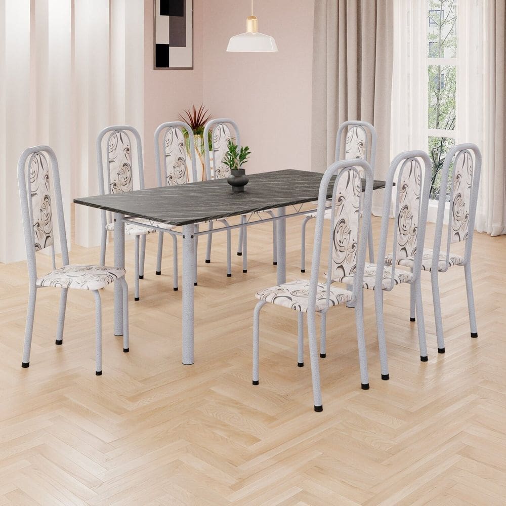 Conjunto de Mesa Retangular 180x75cm Tampo Ardósia Indiana 8 Cadeiras Lavínea Arabesco/ Mart Pérola