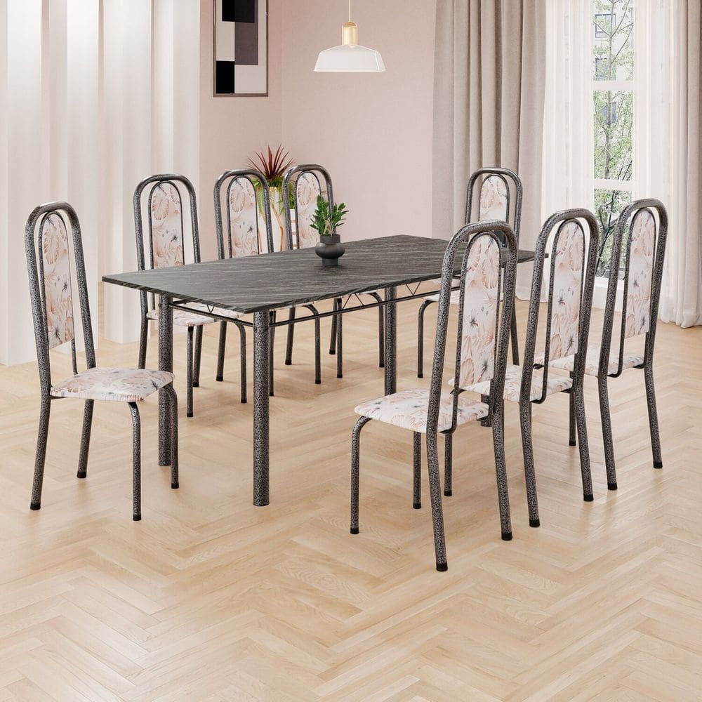 Conjunto de Mesa Retangular 180x75cm Tampo Ardósia Indiana 8 Cadeiras Lavínea Botanic Bege / Mart Prata