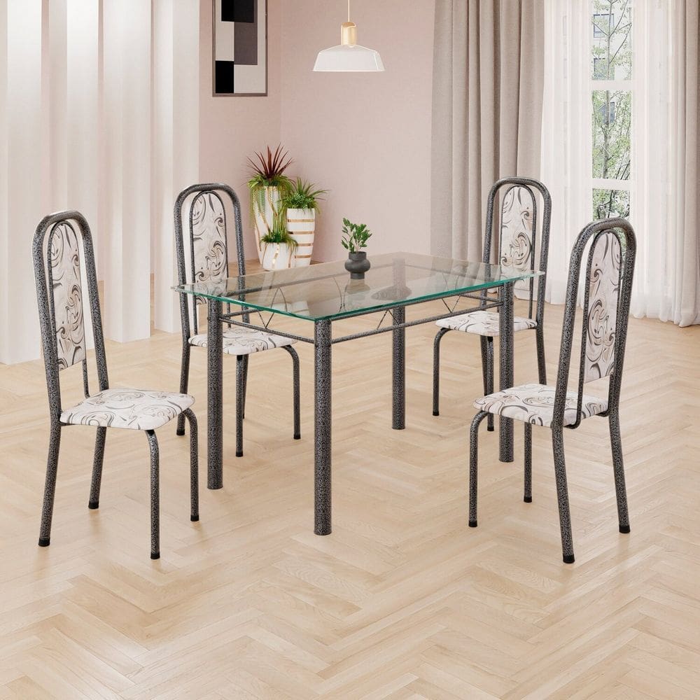 Conjunto de Mesa Retangular a 120x75cm Tampo de Vidro 4 Cadeiras Lavínea Arabesco/ Mart Prata