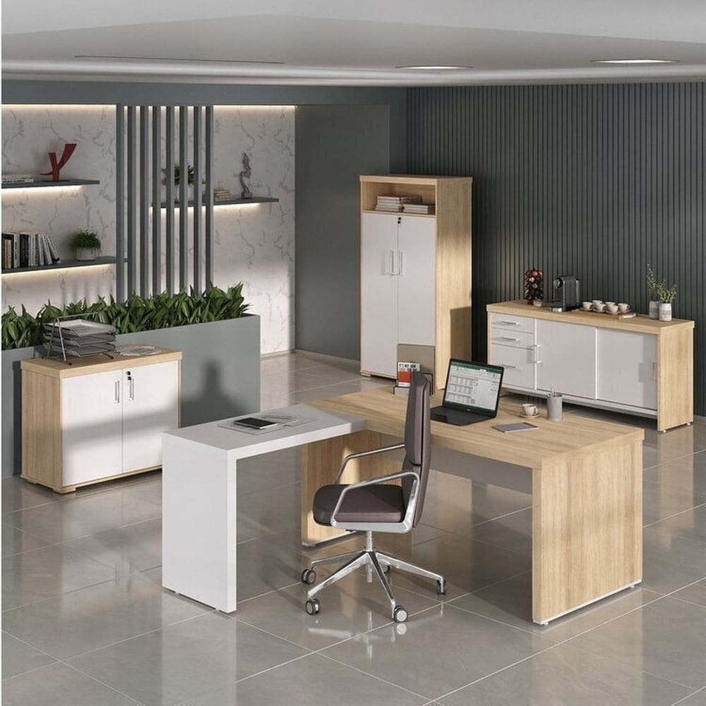 Conjunto Mesa Tamburato 1400 Mesa de Apoio Balcão 2 portas Balcão com Gavetas e Armário com nicho Carvalho/Branco