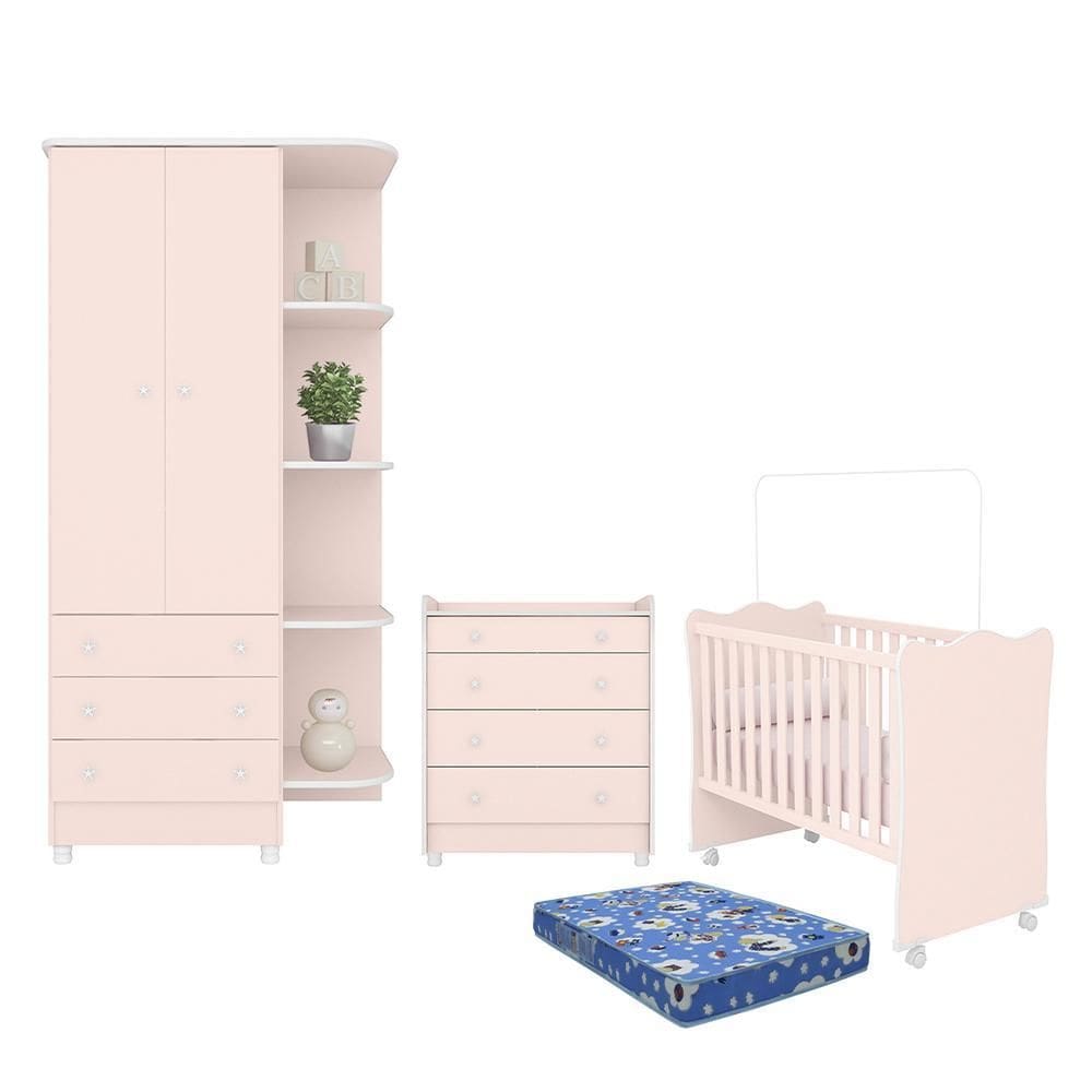 Dormitório Doce Sonho Guarda Roupa, Cômoda Trocador, Berço com Rodízio e Colchão Baby Physical - Qmovi