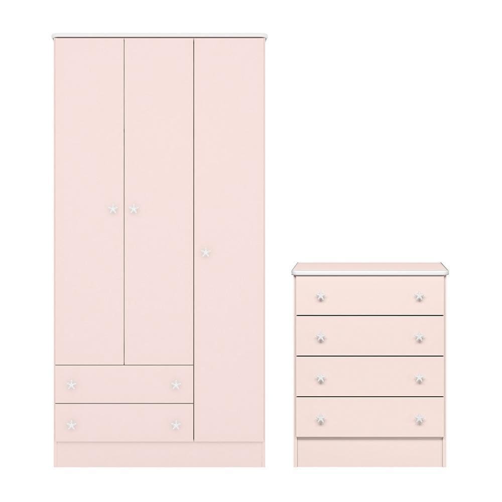 Jogo de Quarto Infantil Doce Sonho Guarda Roupa 3 Portas e Cômoda 4 Gavetas - Qmovi