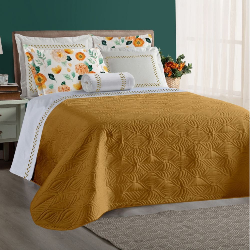 Cobre Leito Cama Queen 8 peças Dupla Face Lolita Mostarda