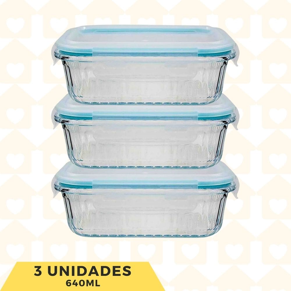 Kit 3 Pote Vidro Hemértico 640ML 4 Travas Vidro Resistente