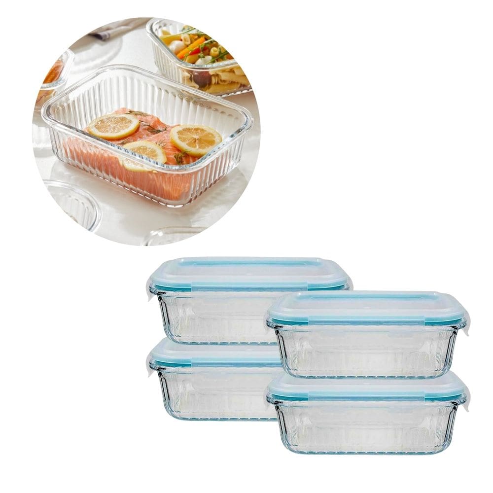 4 Pote Vidro Retangular 640ML Hermético 4 Trava Forno/Freezer