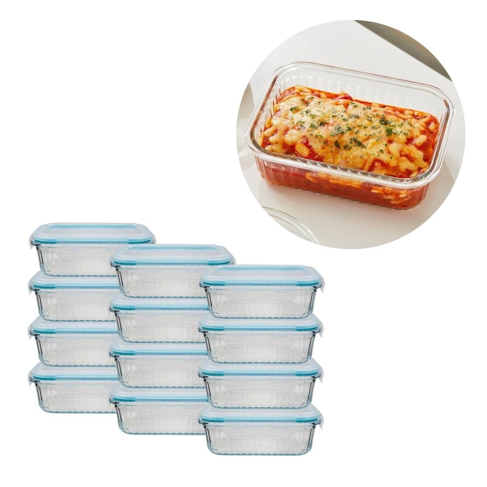 12 Pote Vidro Retangular 640ML Hermético 4 Trava Forno/Freezer