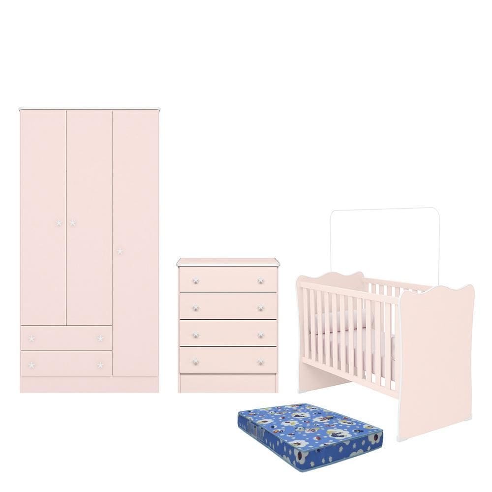Dormitório Infantil Doce Sonho 3 Portas, Cômoda 4 Gavetas e Berço com Colchão - Qmovi