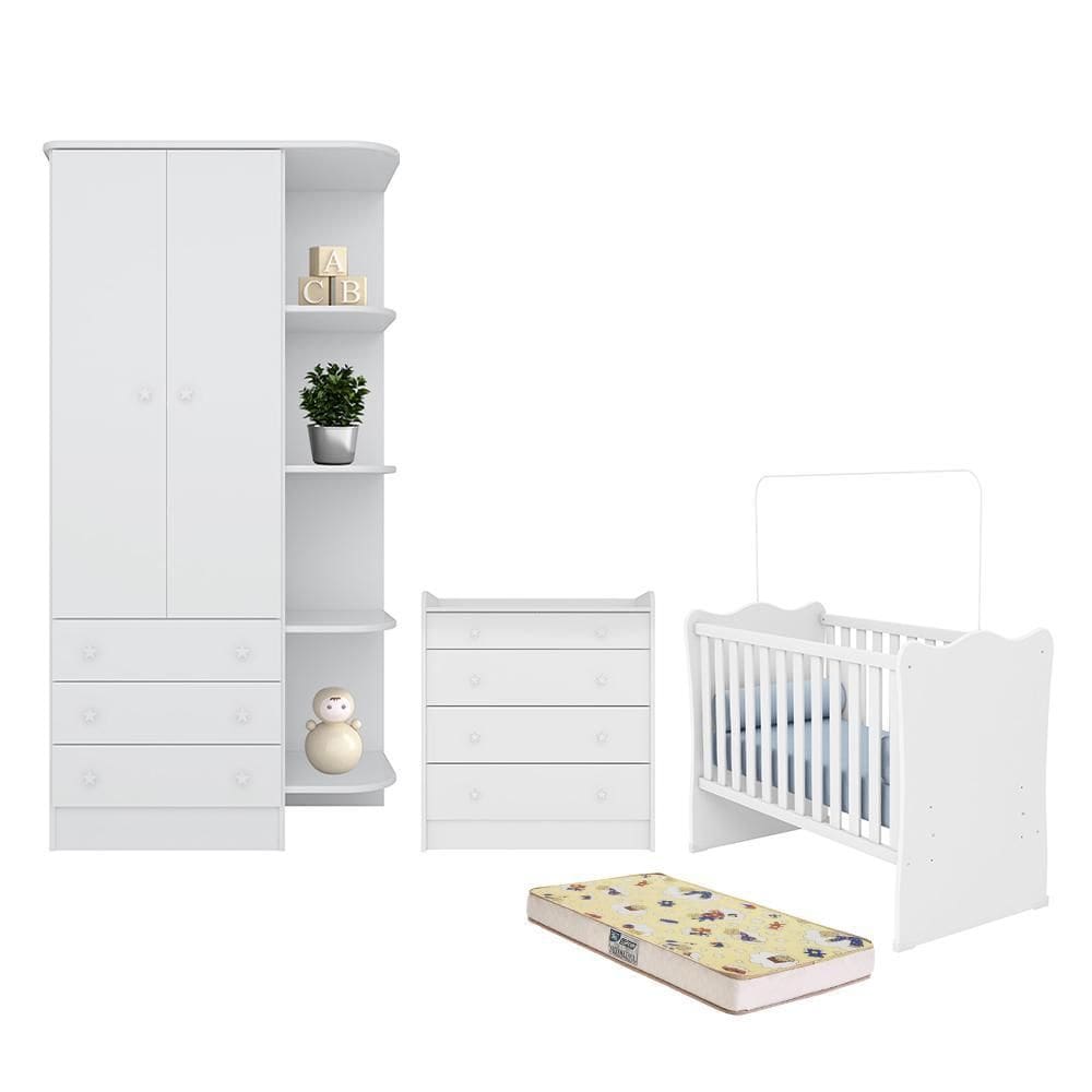 Dormitório Doce Sonho Guarda Roupa, Cômoda Trocador e Berço com Colchão Supreme - Qmovi