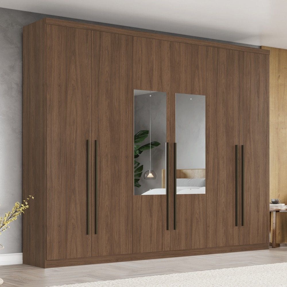 Guarda-Roupa Casal Jade 6 Portas 3 Gavetas com Espelho Castanho - Henn