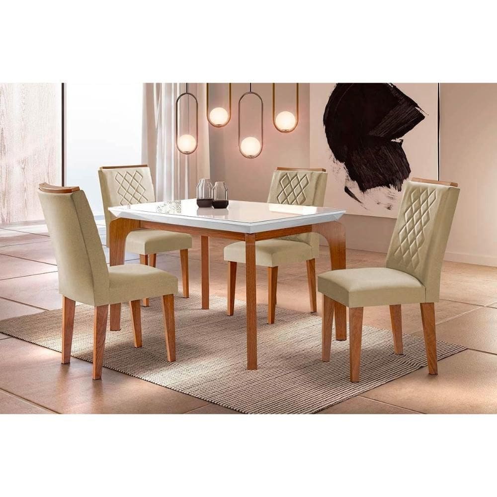 Sala de Jantar Completa Londrina Tampo Madeirado c/ Vidro 120x80cm e 4 Cadeiras Jade Imbuia/Bege Turim - Rufato