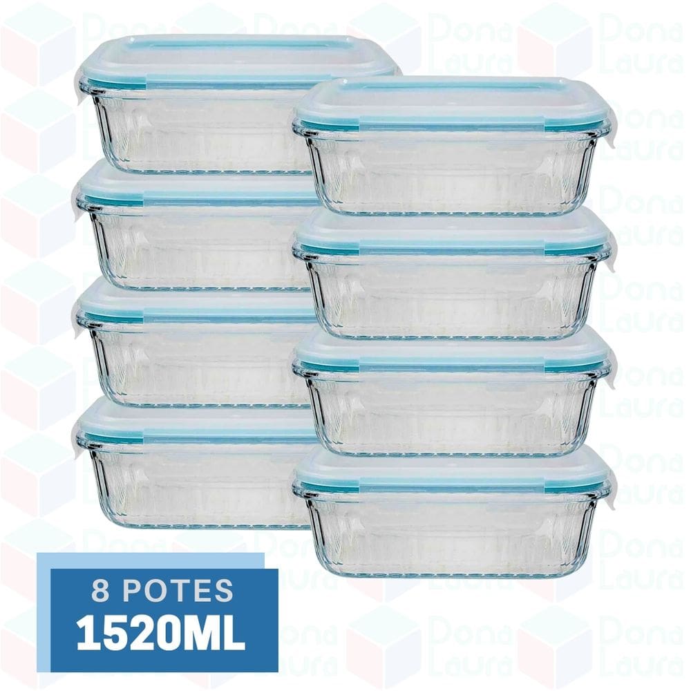 8 Potes Canelado Retangular Vidro Organizador Fitness 1520ml