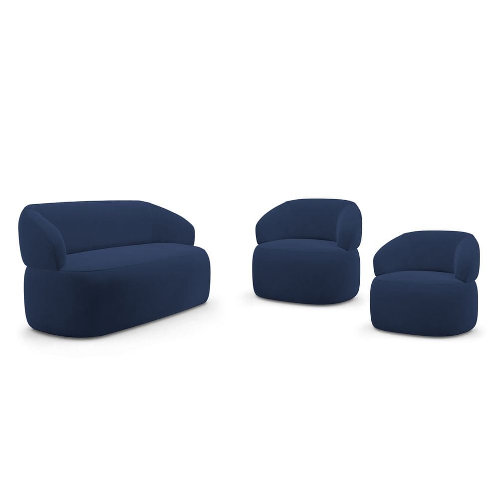Kit 02 Poltronas Giratória e 01 Sofá Orgânico Glee 03 Lugares 170cm Veludo Azul Marinho - Desk Design
