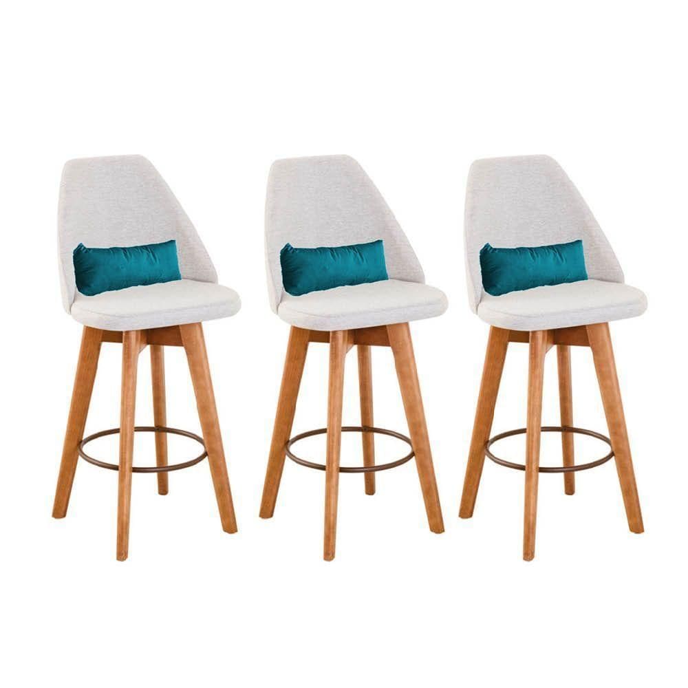 Kit 03 Banquetas Linho Bege E Almofada Suede Azul Turquesa