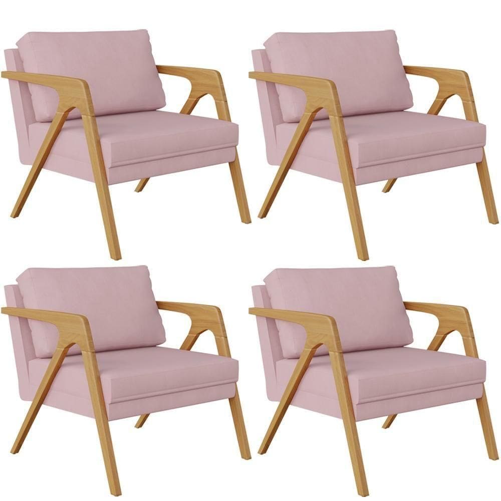 Kit 04 Poltronas Estrutura De Madeira L02 Suede Rosê