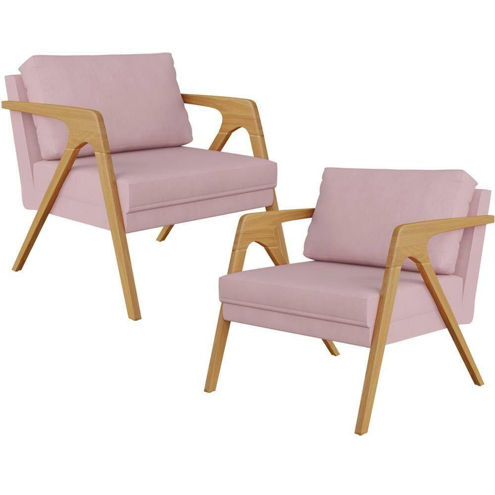 Kit 02 Poltronas Estrutura De Madeira L02 Suede Rosê