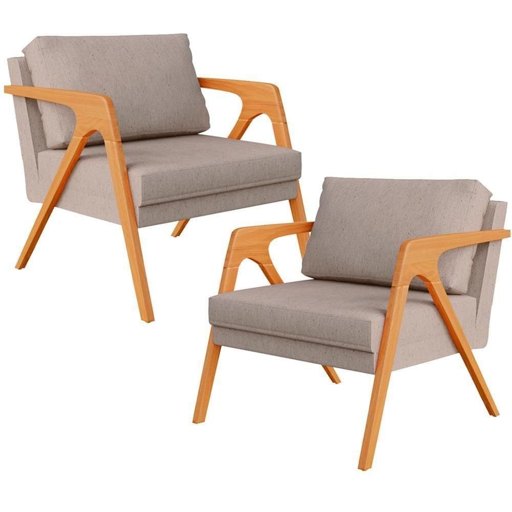 Kit 02 Poltronas Estrutura De Madeira L02 Linho Bege