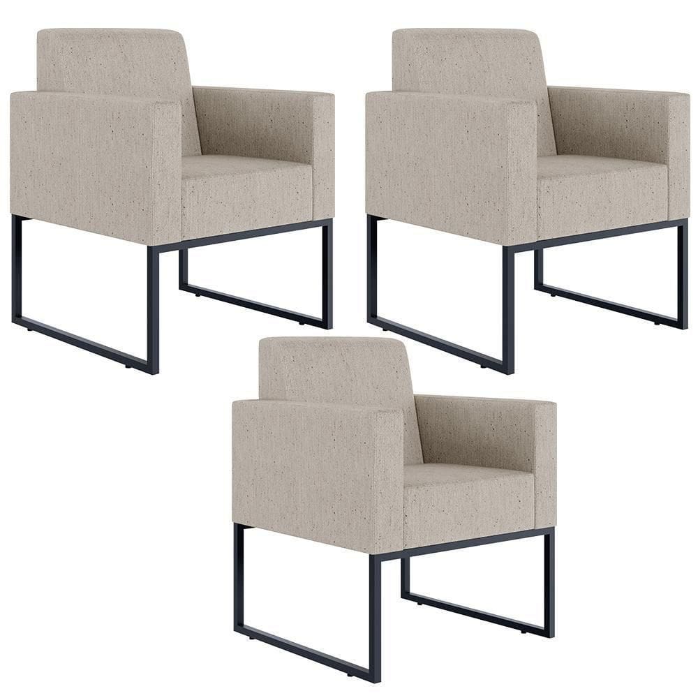 Kit 03 Poltronas Base Fixa De Metal Helô L02 Linho Bege
