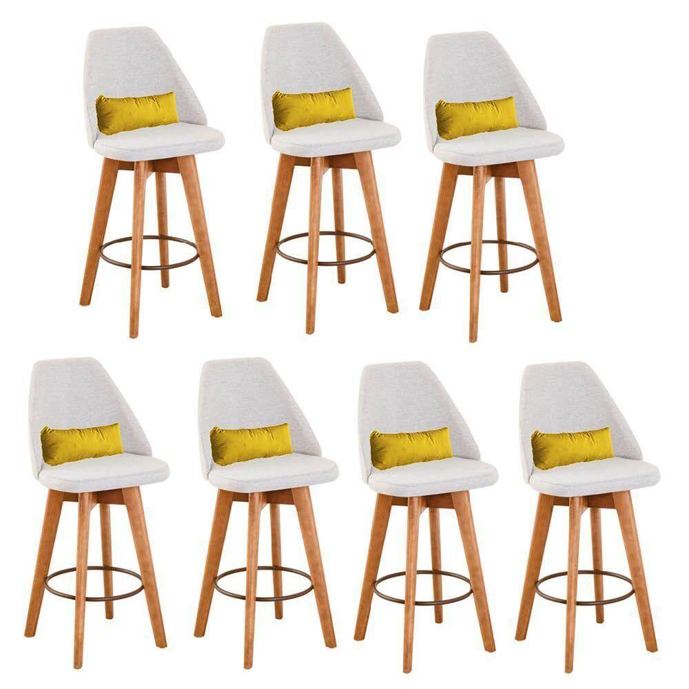 Kit 07 Banquetas Bege Claro E Almofada Corino Amarelo