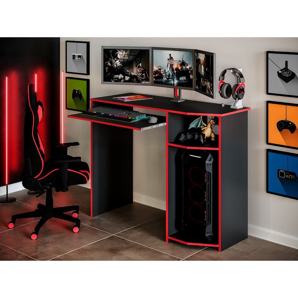 Mesa Escrivaninha Gamer Preto e Vermelho c/ Suporte de Teclado