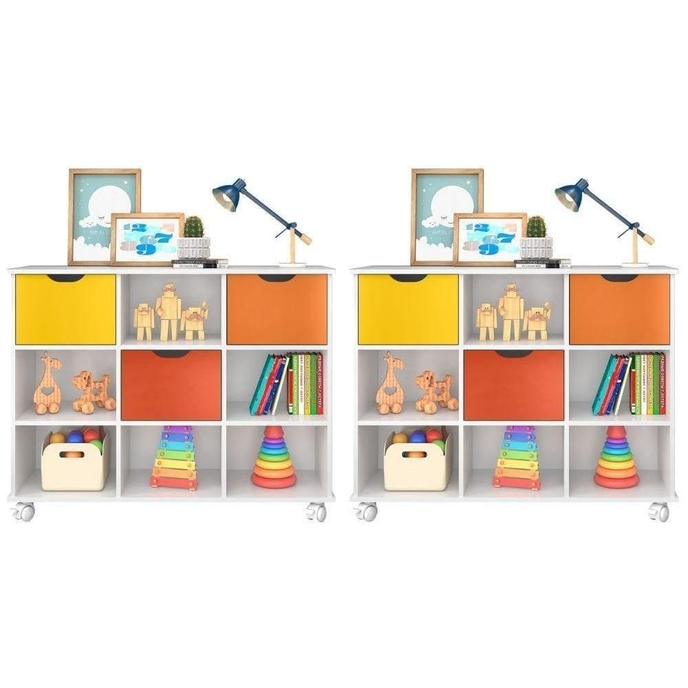 Kit 2 Nichos Organizadores Com Rodízios Toys Q01 3 Gavetas Branco Colorido