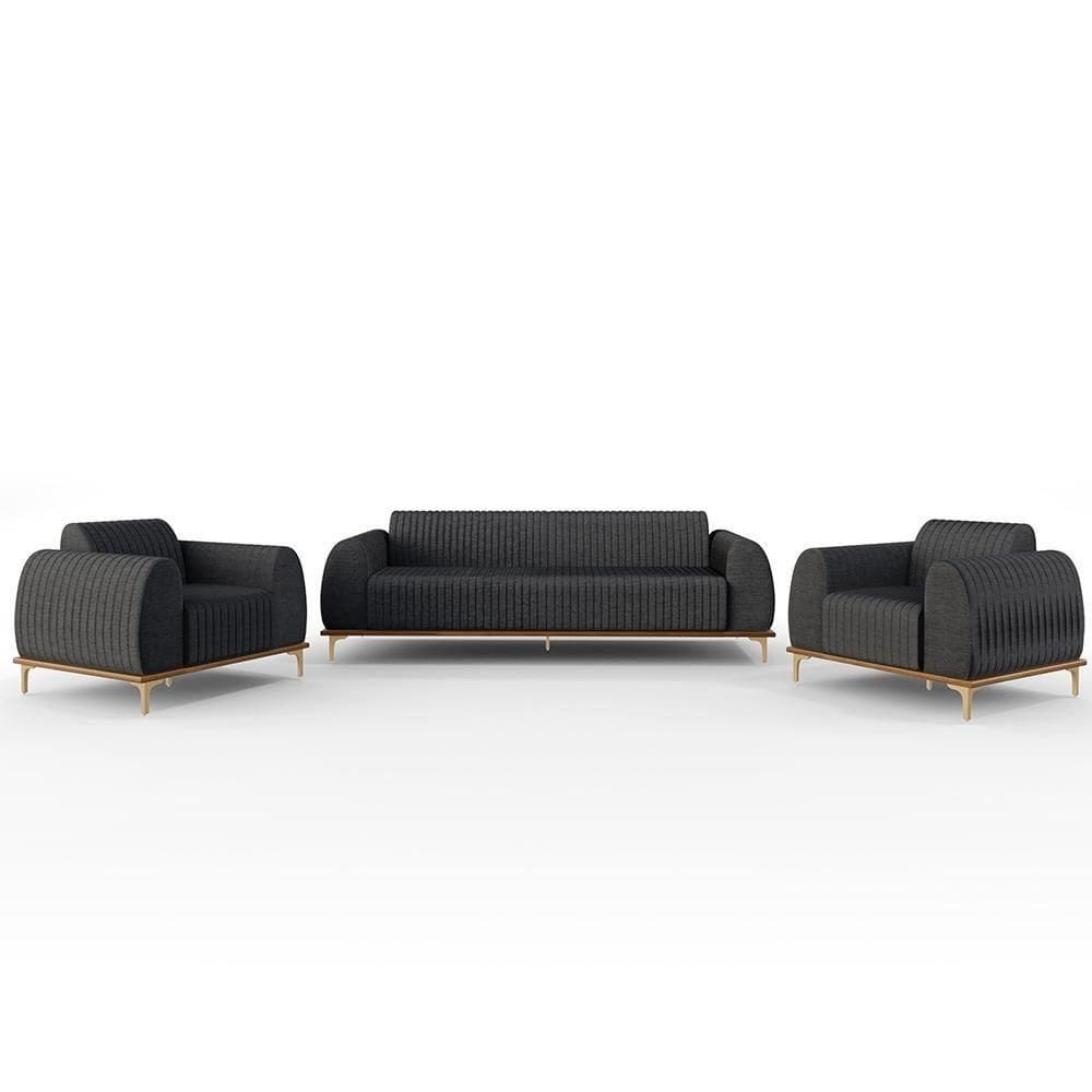 Kit Sofá 3 Lugares 180Cm Com 2 Poltronas Cinza Escuro C-416