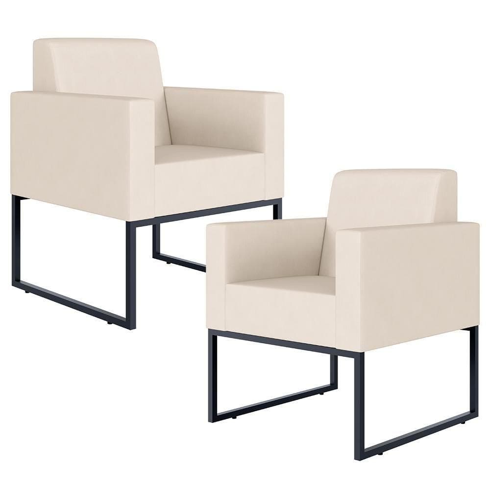 Kit 02 Poltronas Recepção Base Fixa De Metal Suede Bege