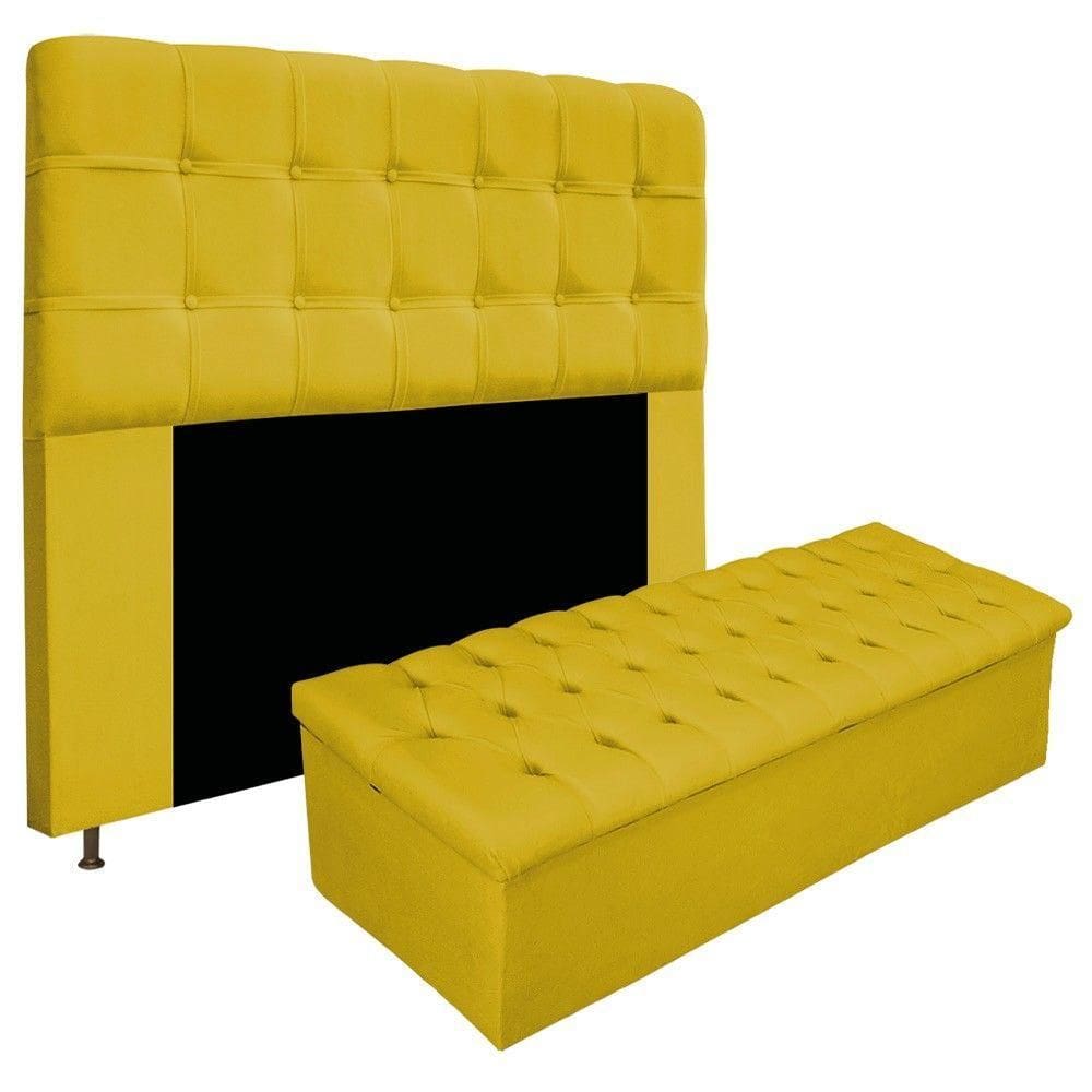 Cabeceira E Calçadeira 160Cm Capitonê Suede Amarelo