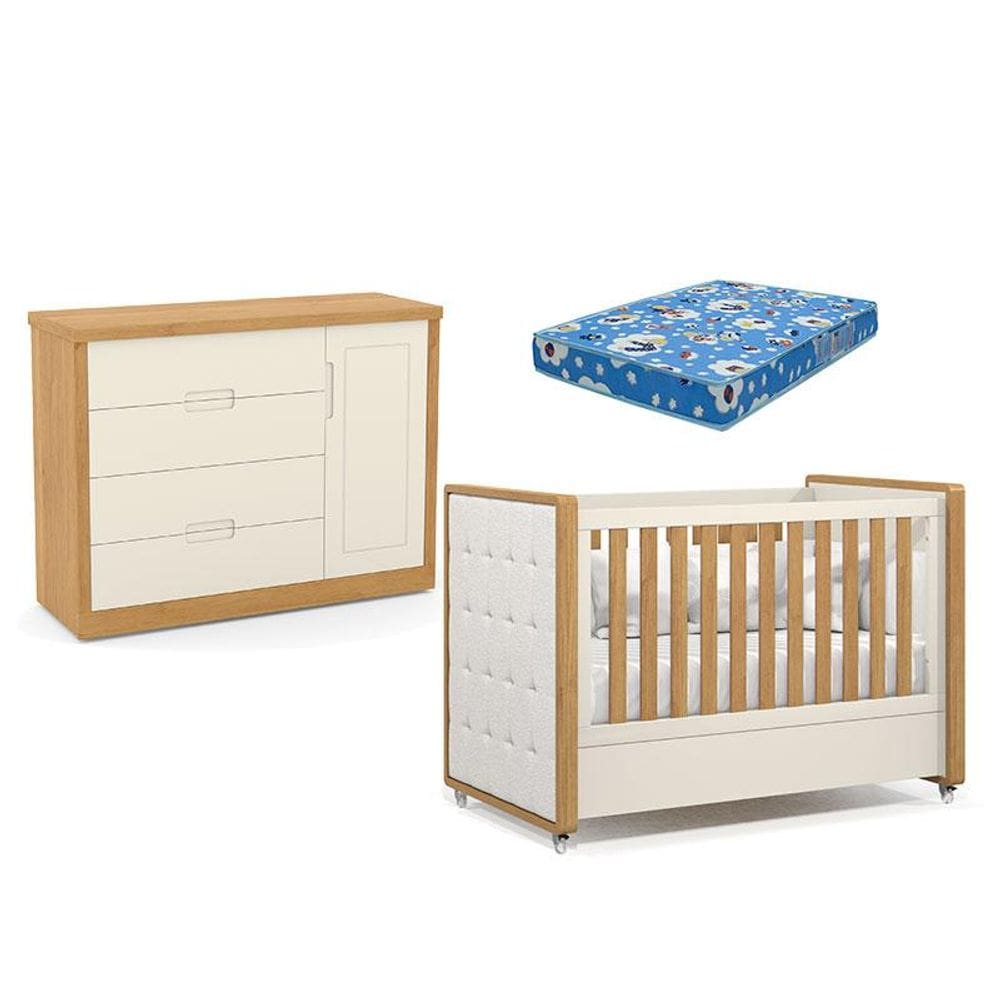 Berço Americano com Capitonê New Boucle e Cômoda Infantil Tutto New Freijó Off White e Colchão Ortobom - Matic