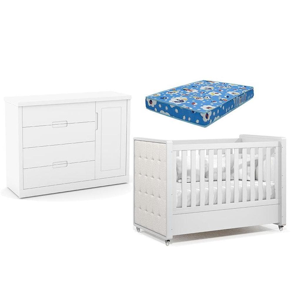Berço Americano com Capitonê New Boucle e Cômoda Infantil Tutto New Branco Acetinado e Colchão Ortobom - Matic