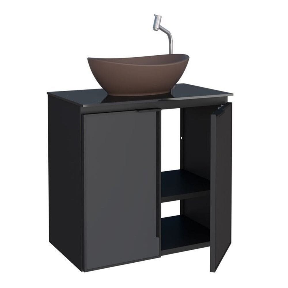 Kit com 2 Gabinetes Para Banheiro Em Aço 2 Portas Com Tampo De Vidro E Porta De Vidro Sem Cuba Umbu Preto