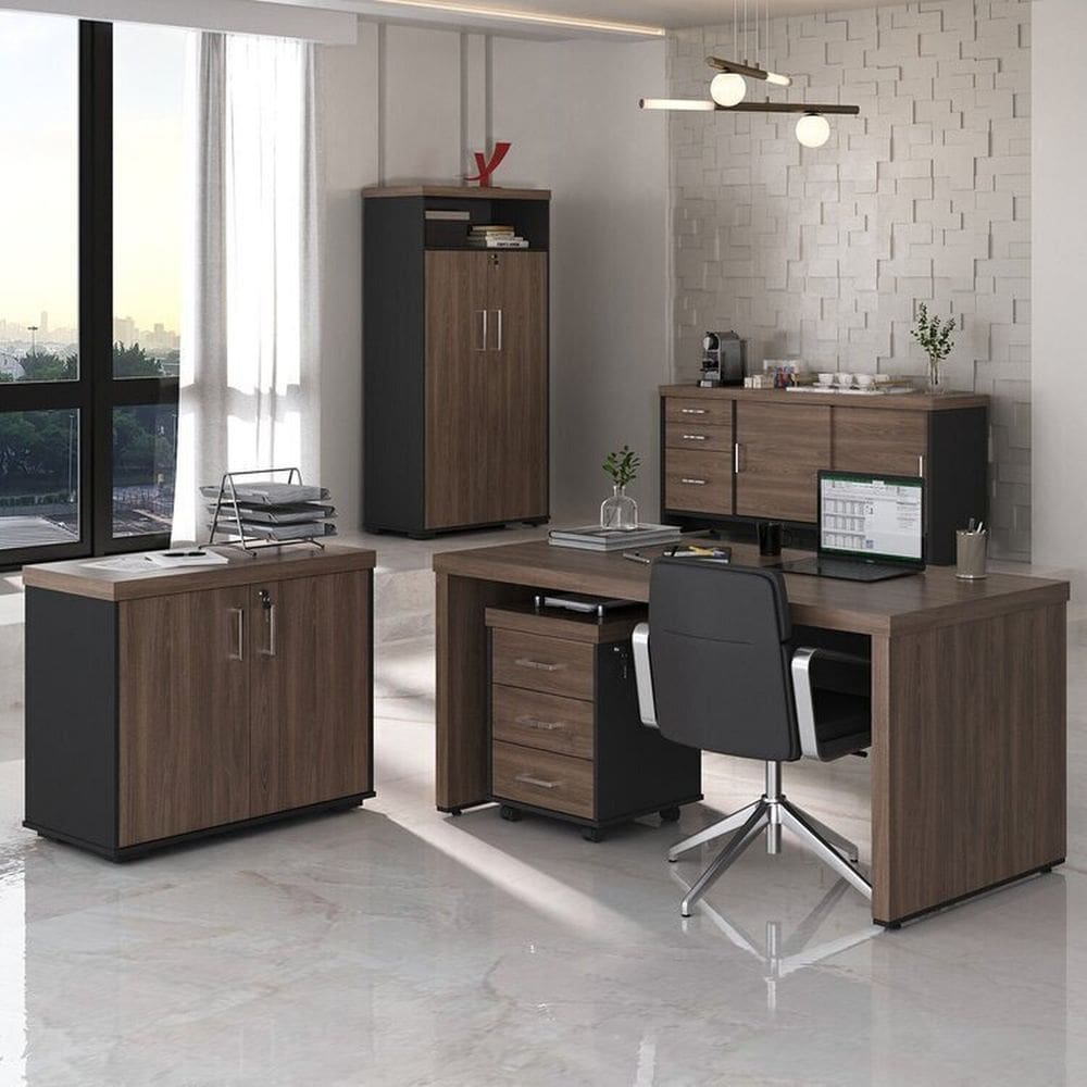 Conjunto Tamburato Mesa 1600 Gaveteiro Balcão 2 portas Armário com Nicho e Balcão com Gavetas Charuto/Preto