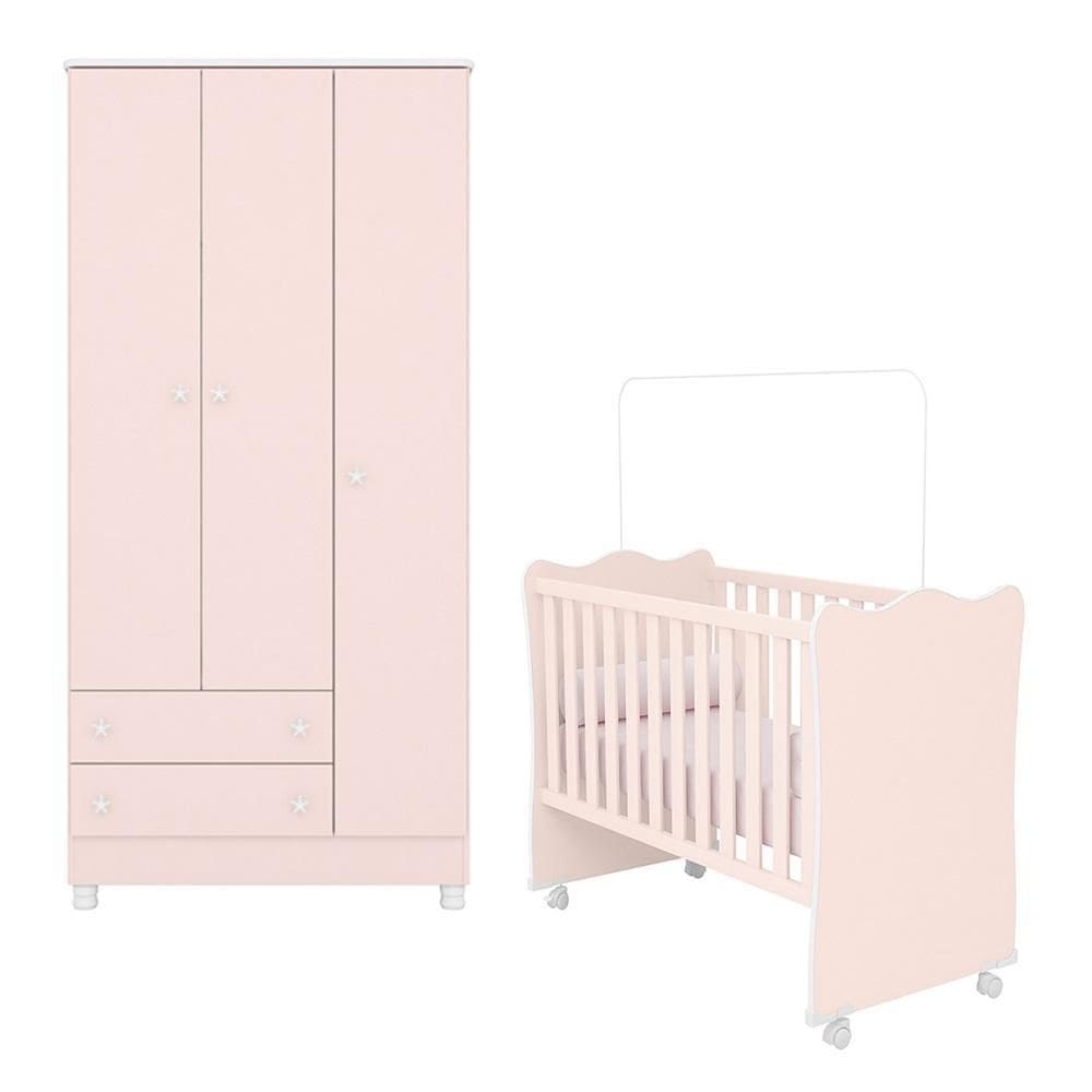 Jogo de Quarto Infantil Doce Sonho Guarda Roupa 3 Portas e Berço com Rodízio - Qmovi