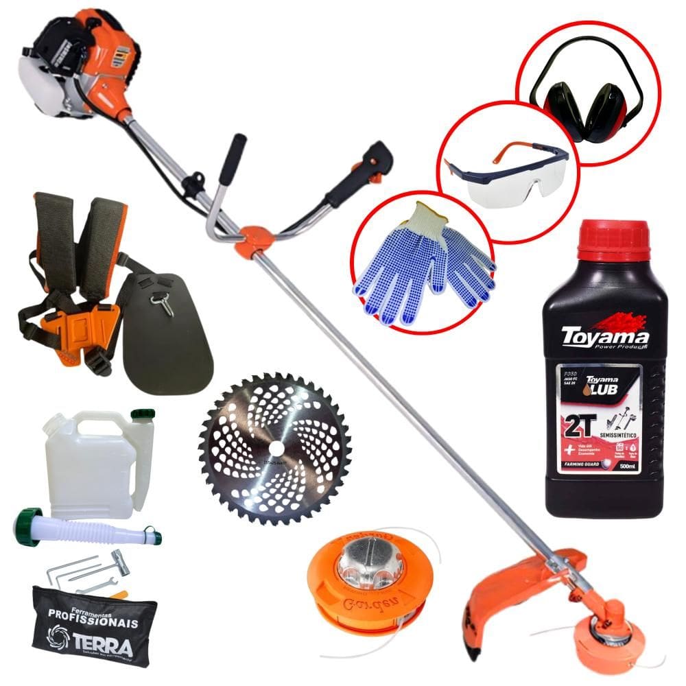 Roçadeira Profissional GR520XP Terra 52cc 2,5HP Faca 40 Dentes e Carretel Nylon + KIT Completo de Proteção Individual + ÓLEO 2T TOYAMA FG50