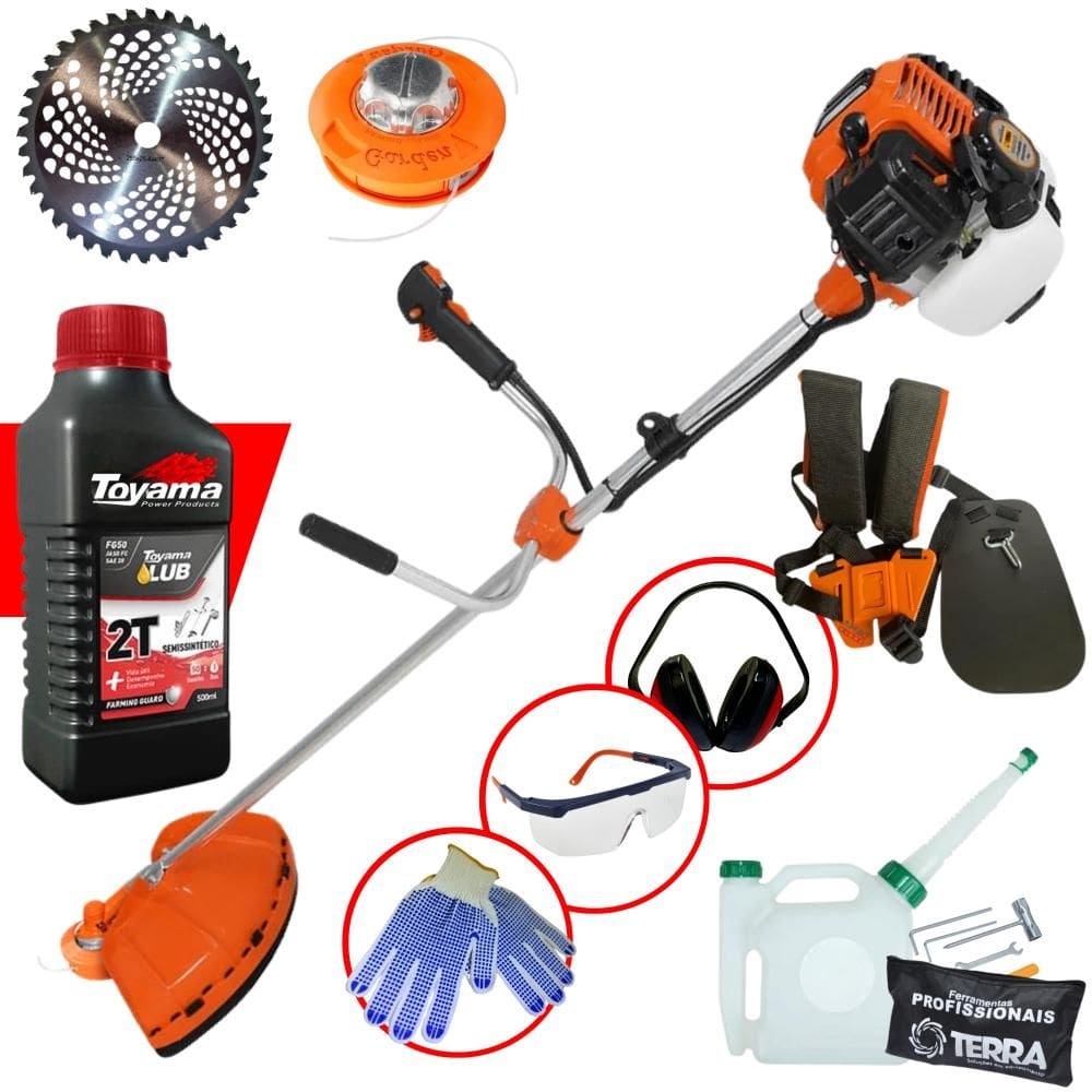 Roçadeira GR520XP Terra Á Gasolina 2T 52cc 2,5HP Completa Com Disco Vídia 40 Dentes + KIT EPI + ÓLEO LUBRIFICANTE 2T TOYAMA