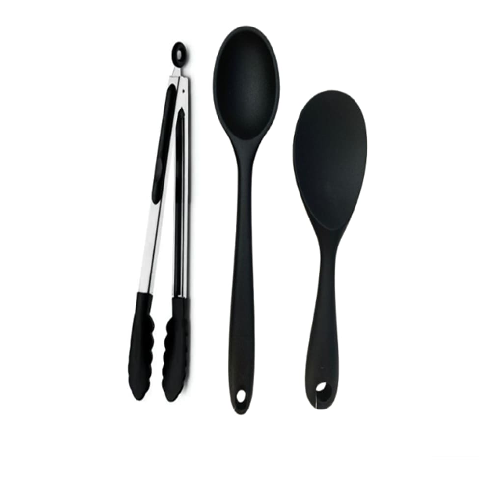 Jogo com 3 Peças Colher de Arroz e Pegador em Silicone Preto UNYHOME.