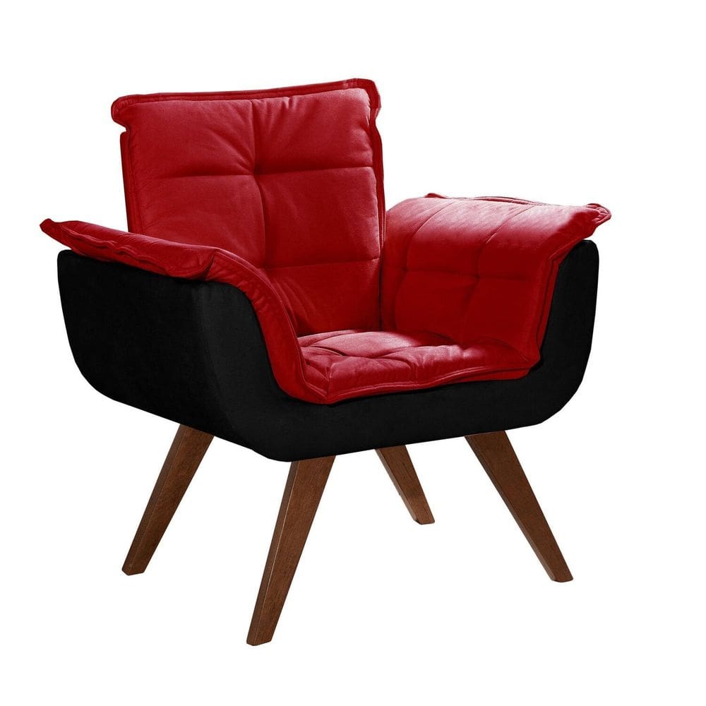 Poltrona Pé Palito Decoração Sala Quarto Recepção Bella Opala Suede Vermelho com Preto