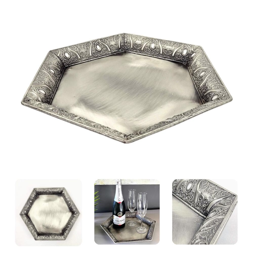 Bandeja Prata Decorativa Hexagonal 37Cm Decoração M