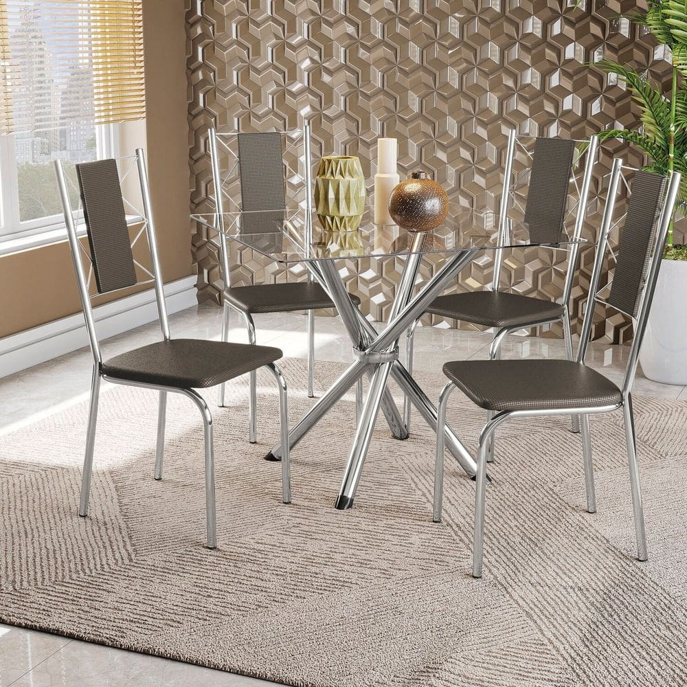 Conjunto Mesa Volga tampo de Vidro e 4 Cadeiras Lisboa Cromado/Marrom